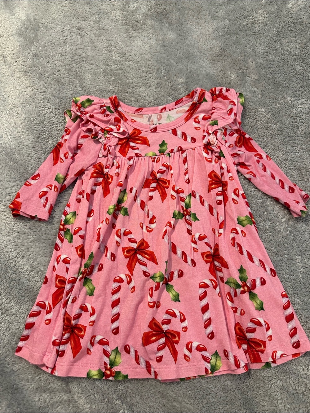 Posh Peanut Pink Candy Cane Print Ruffle Long-Sleeve Dress